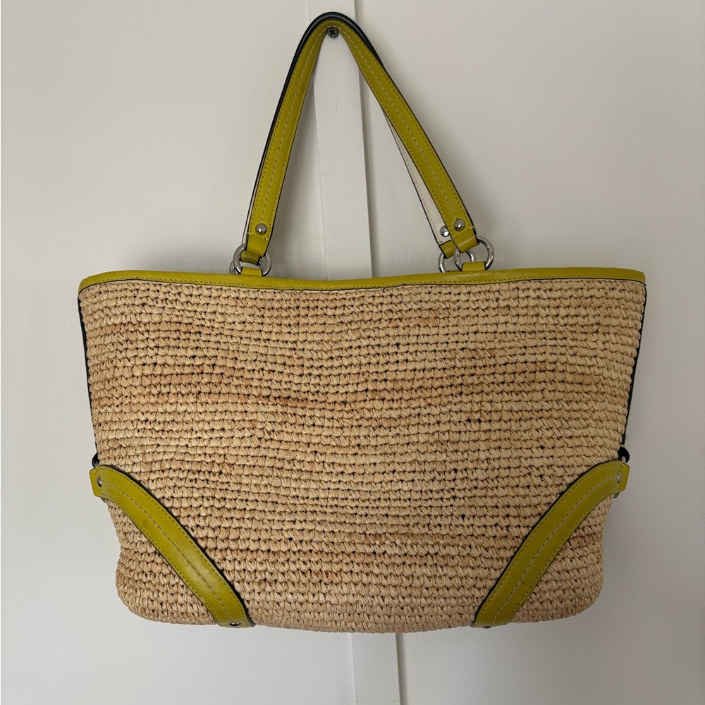 Vintage Coach Straw Shoulder Bag - Lime Green Leather Trim - Picture 6 of 10